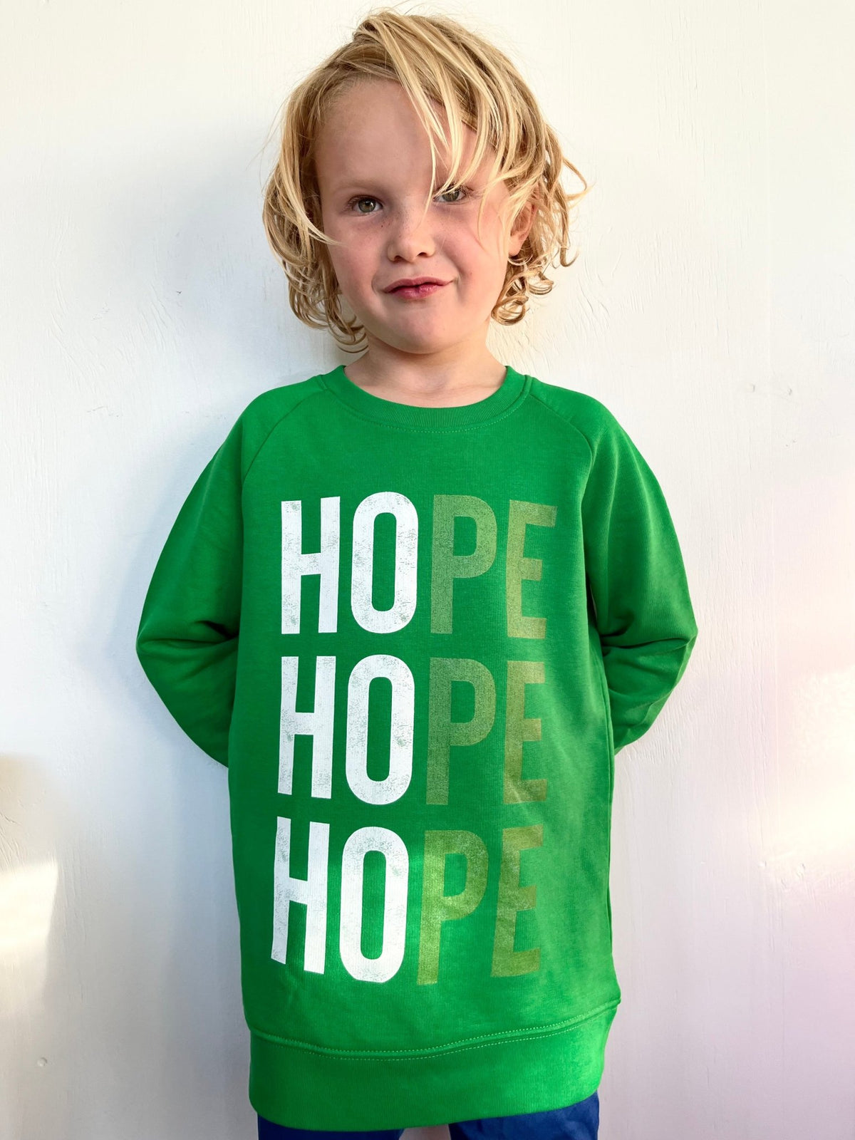 HOPE Organic Christmas Jumper - Kids - Elf Green - Studio Stock - burnt peach.