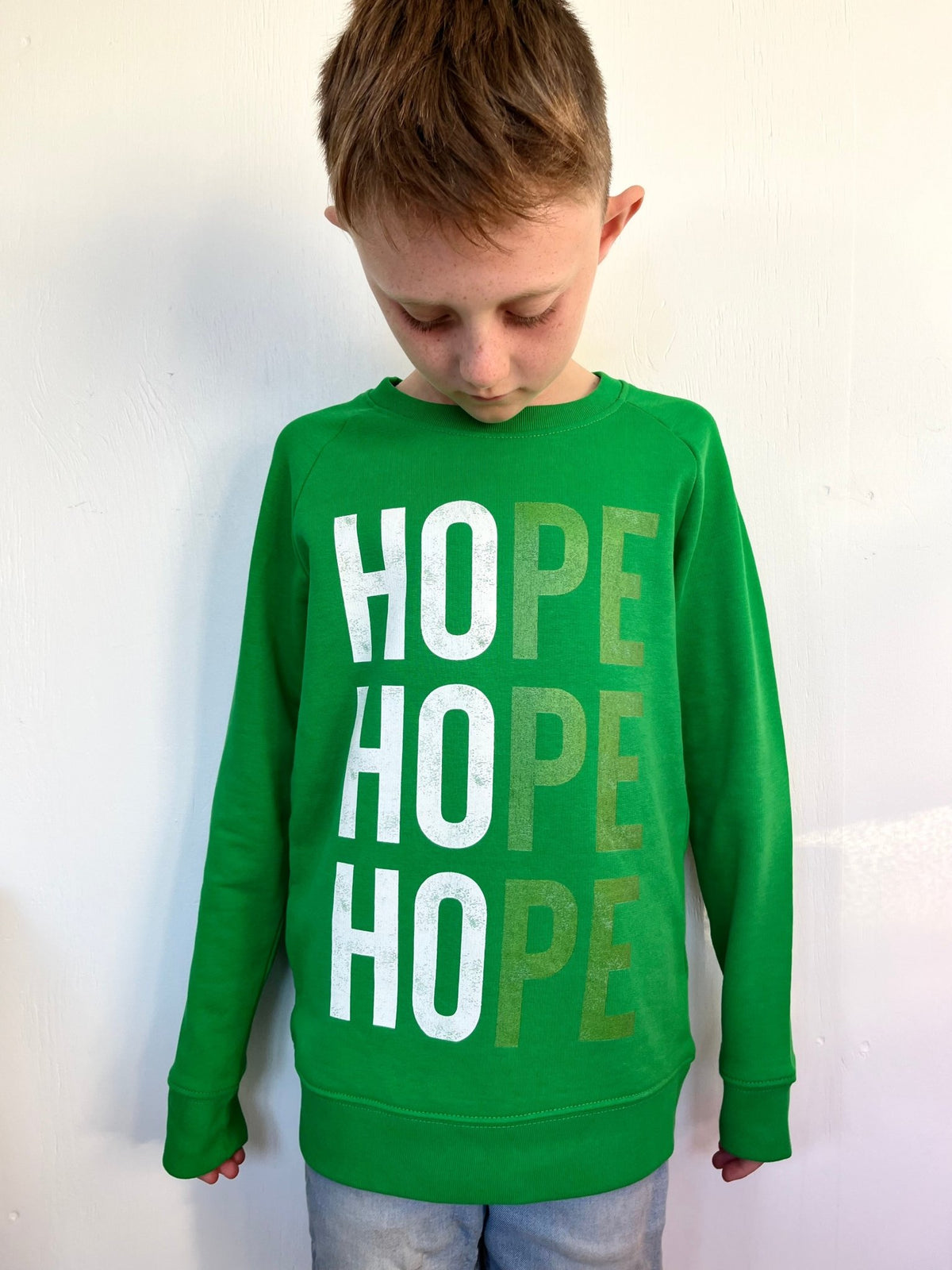 HOPE Organic Christmas Jumper - Kids - Elf Green - Studio Stock - burnt peach.